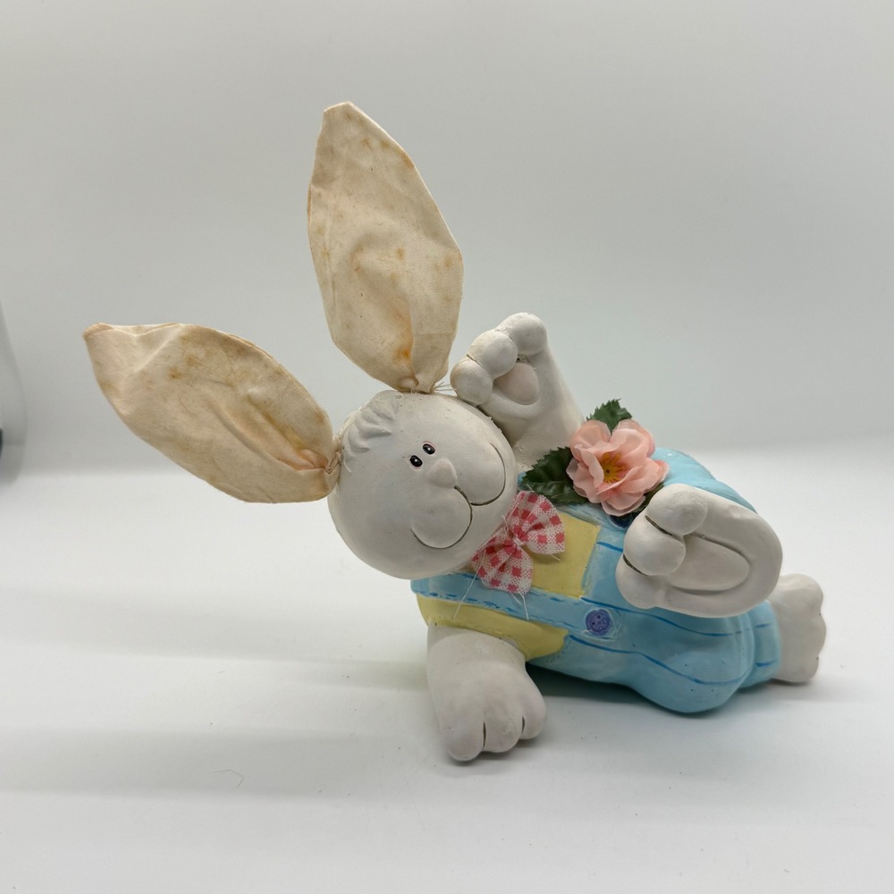VTG Easter Bunny Rabbit Figurine Blue‎ White Whimsical Cottagecore Decor Kitsch